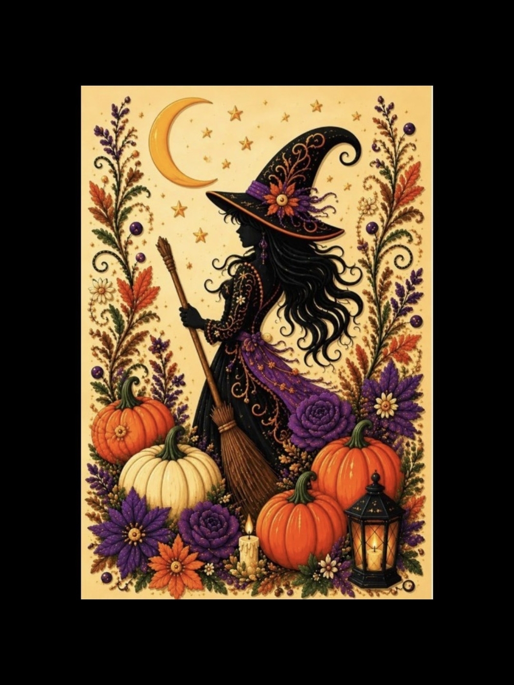 Halloween Fall Witch Silhouette Pumpkin Flowers Moon 5D Diamond Painting Kit